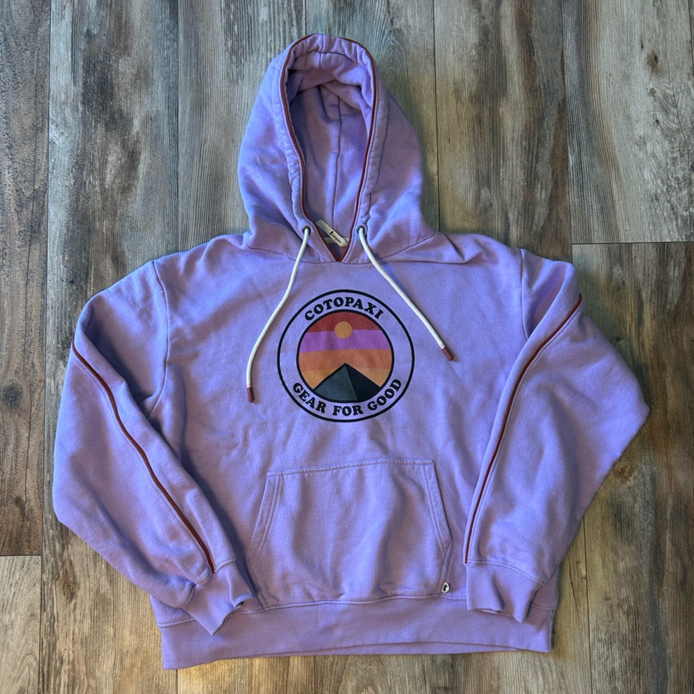 Cotopaxi Lavender Hoodie with White Drawstrings